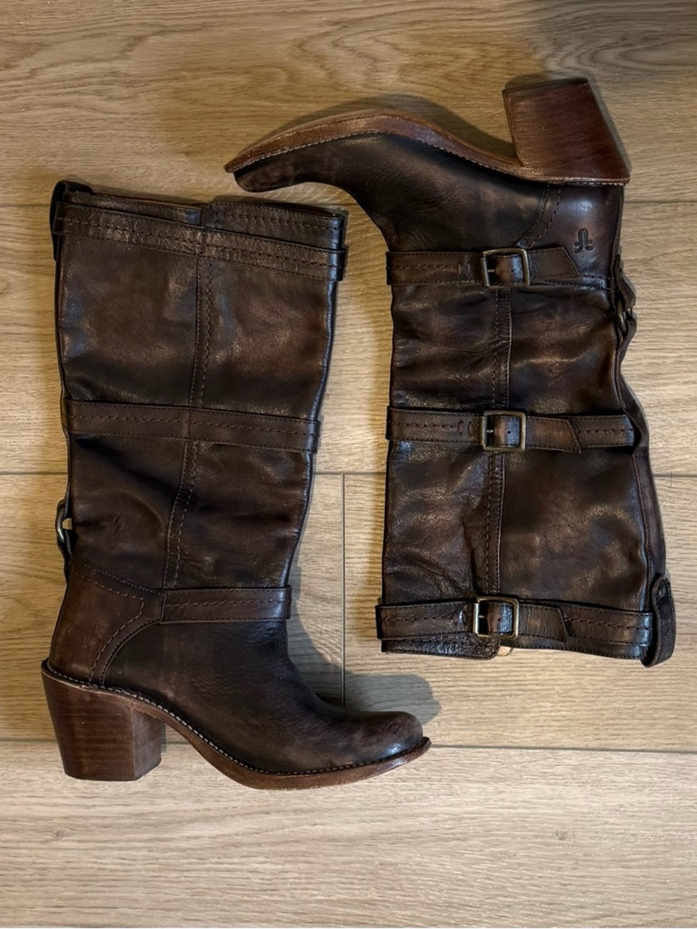 Frye Women's Dark Brown Distressed Leather Mid-Calf Carmen 3 Strap Boots - Picture 3 of 12